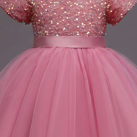 Girls Pink Puff Sleeve Sequins Embellished Fit & Flare Party Wear Dress Party Dresses