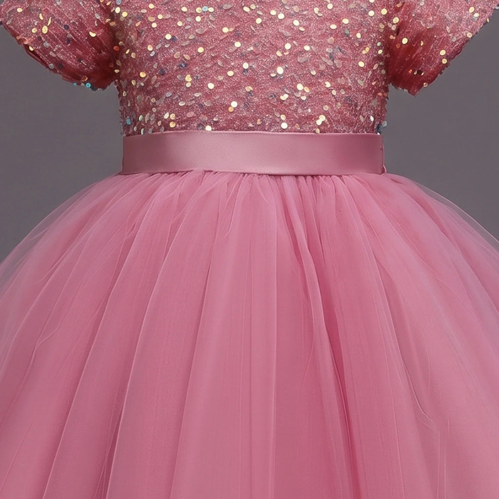Girls Pink Puff Sleeve Sequins Embellished Fit & Flare Party Wear Dress Party Dresses