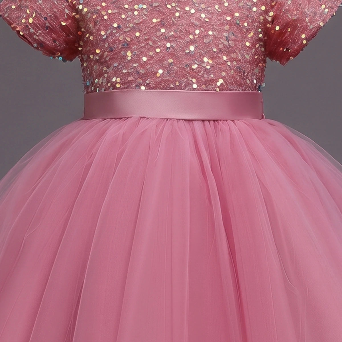 Girls Pink Puff Sleeve Sequins Embellished Fit & Flare Party Wear Dress Party Dresses
