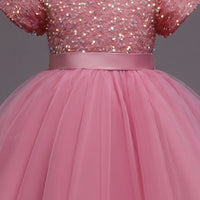 Girls Pink Puff Sleeve Sequins Embellished Fit & Flare Party Wear Dress Party Dresses