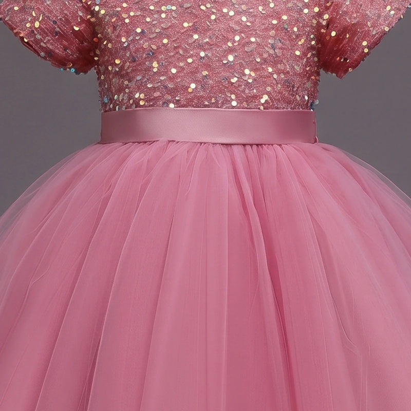 Girls Pink Puff Sleeve Sequins Embellished Fit & Flare Party Wear Dress Party Dresses