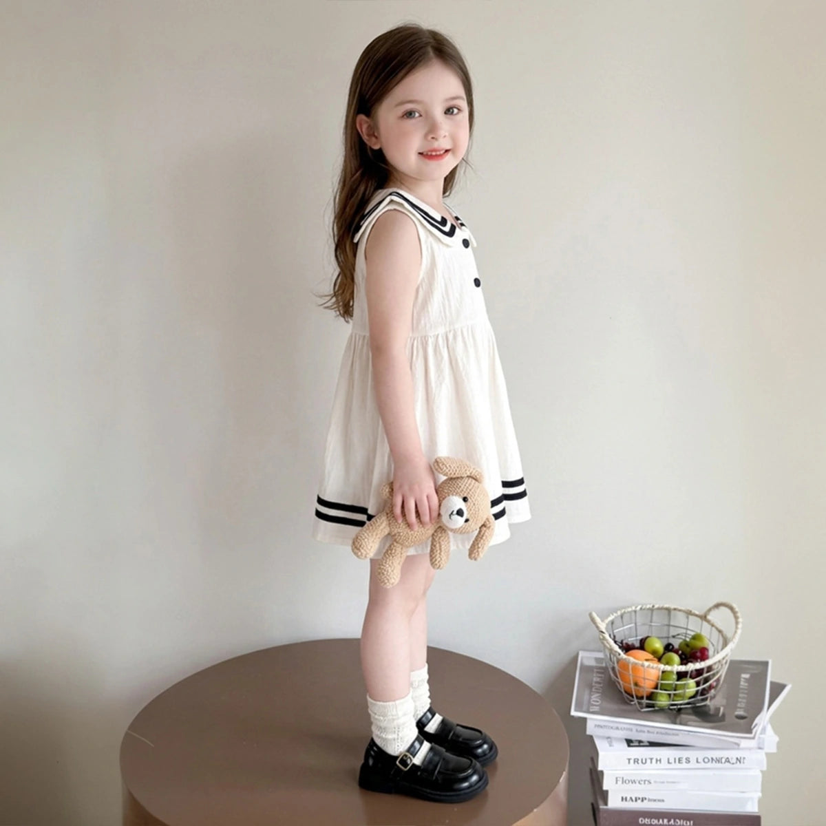 Girls White Sailor Collar Sleeveless Fit & Flare Dress with Contrast Striped Casual Dresses