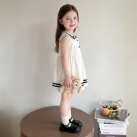 Girls White Sailor Collar Sleeveless Fit & Flare Dress with Contrast Striped Casual Dresses
