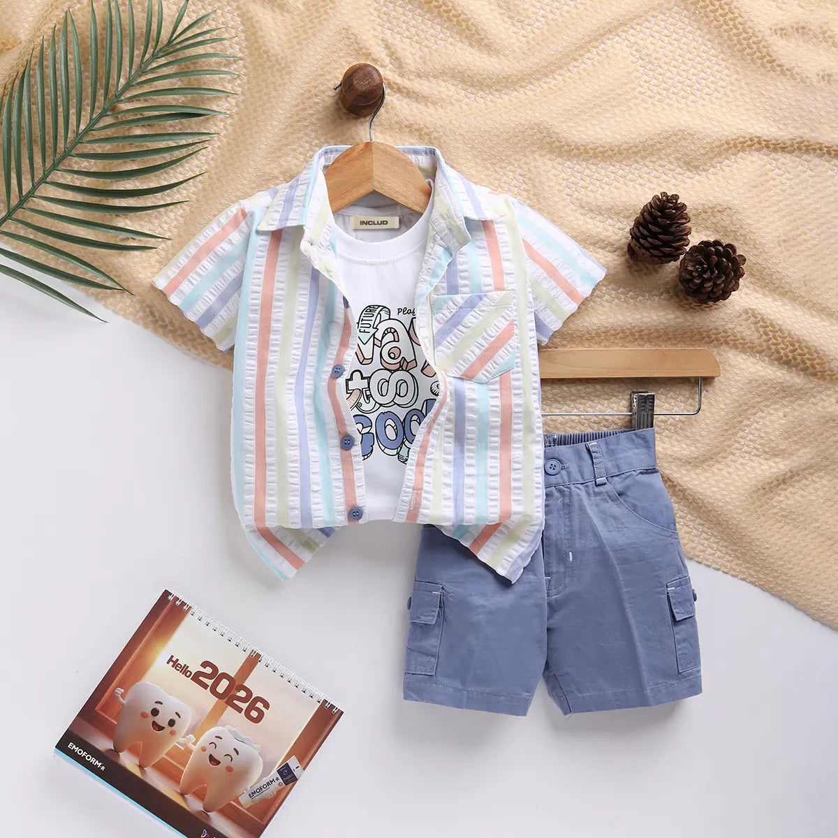 Boys Blue Stripes Shirt With Printed T-Shirt & Twill Shorts Sets 3 pc. Sets Blue 9-12 M