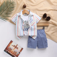 Boys Blue Stripes Shirt With Printed T-Shirt & Twill Shorts Sets 3 pc. Sets Blue 9-12 M