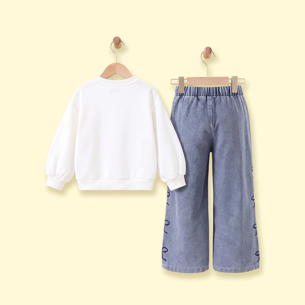 Girls White Bow Applique Long Sleeve Sweatshirt With Denim Pants Sets 2 pc. Sets