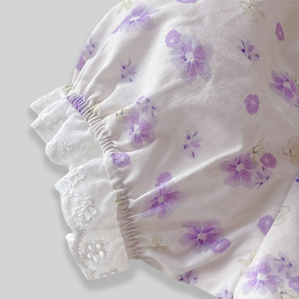 Girls Purple Floral Printed Bow Appliqued Top With Pants Sets Sets