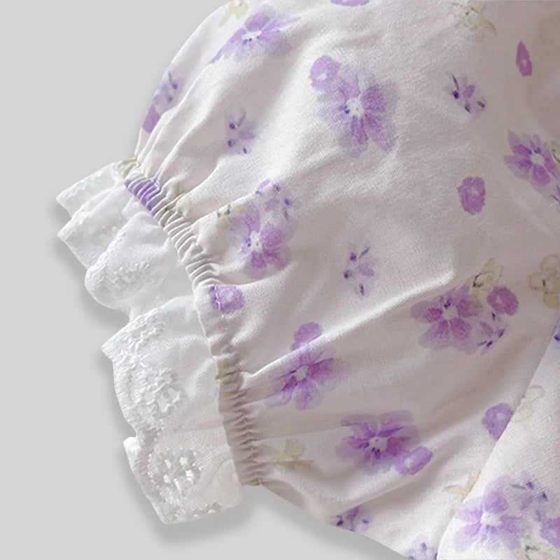 Girls Purple Floral Printed Bow Appliqued Top With Pants Sets Sets