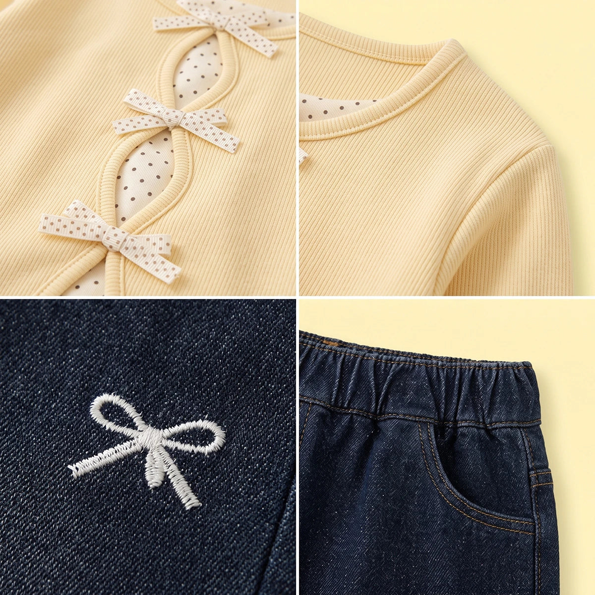 Girls Yellow Polka Dot Printed Top With Denim Pants Sets Sets