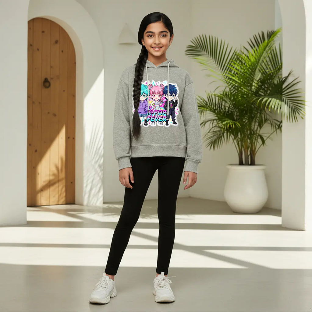 Girls Grey K-Pop Fever Graphics Hoodie Sweatshirts & Hoodies Grey 5-6 Y