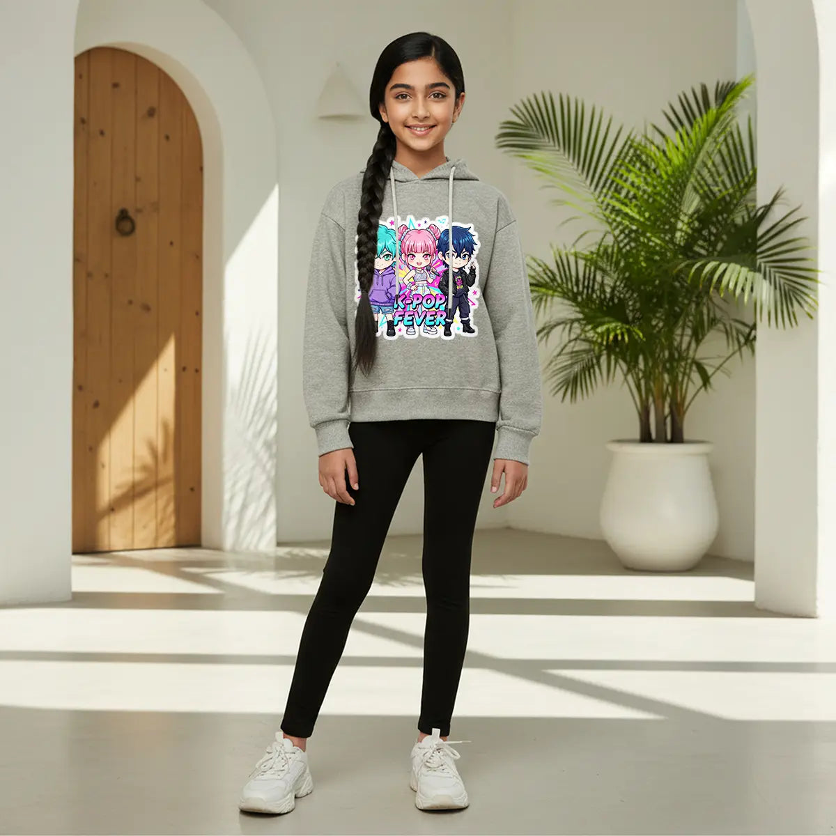 Girls Grey K-Pop Fever Graphics Hoodie Sweatshirts & Hoodies Grey 5-6 Y