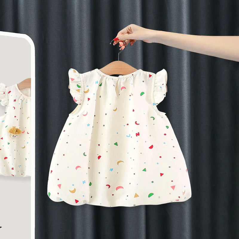 Girls Off White Mushroom Applique Balloon Dress With Star & Moon Print Casual Dresses