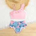 Girls Pink Solid Ruffled One Shoulder Top With Tropical Printed Shorts Swimsuit Sets Sets Pink 7-8 Y