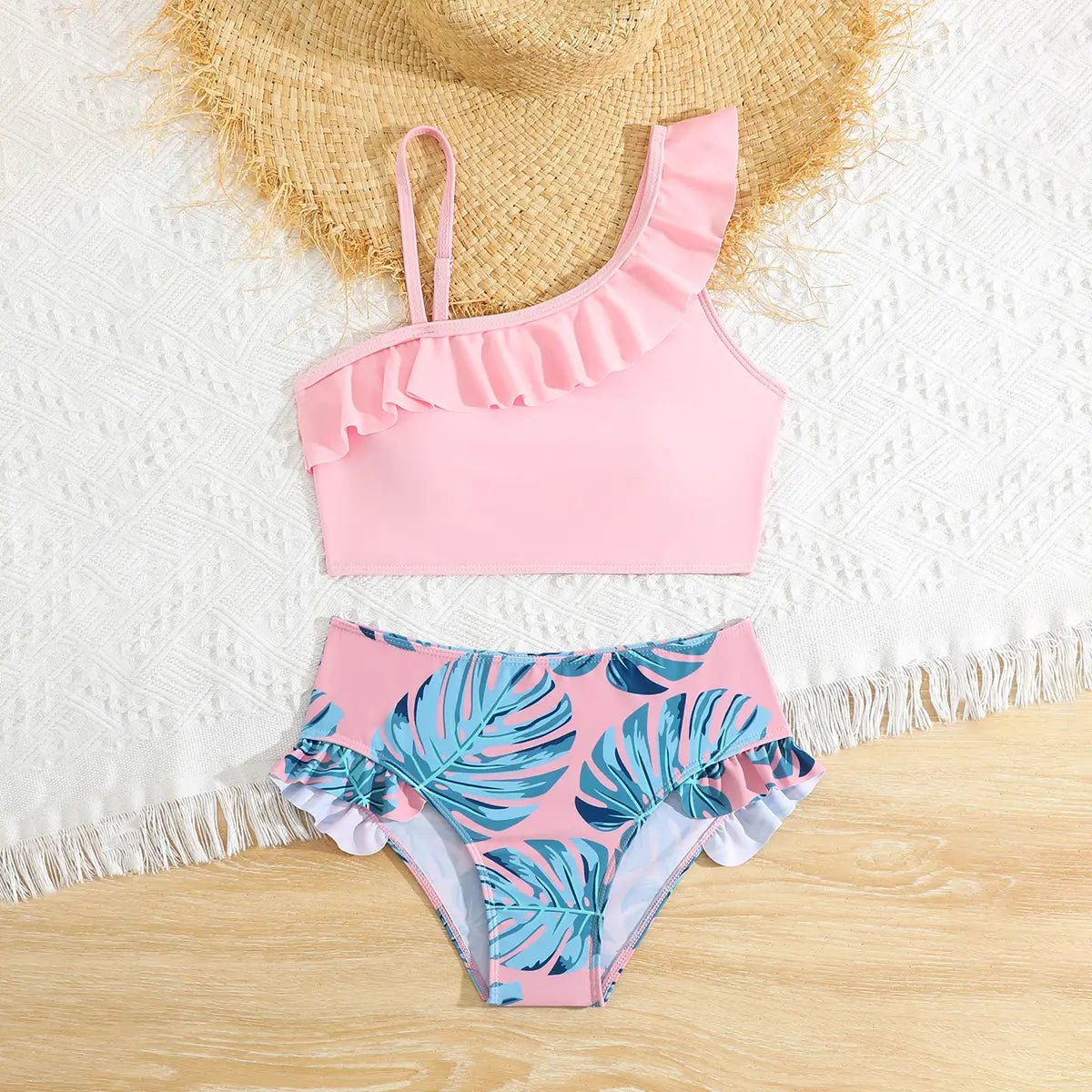 Girls Pink Solid Ruffled One Shoulder Top With Tropical Printed Shorts Swimsuit Sets Sets Pink 7-8 Y