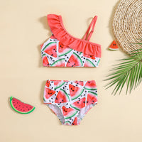 Girls Pink Watermelon Printed One Shoulder Top With Briefs Swimwear Sets Sets Pink 1-2 Y