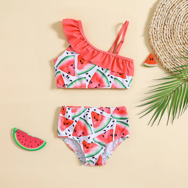 Girls Pink Watermelon Printed One Shoulder Top With Briefs Swimwear Sets Sets Pink 1-2 Y