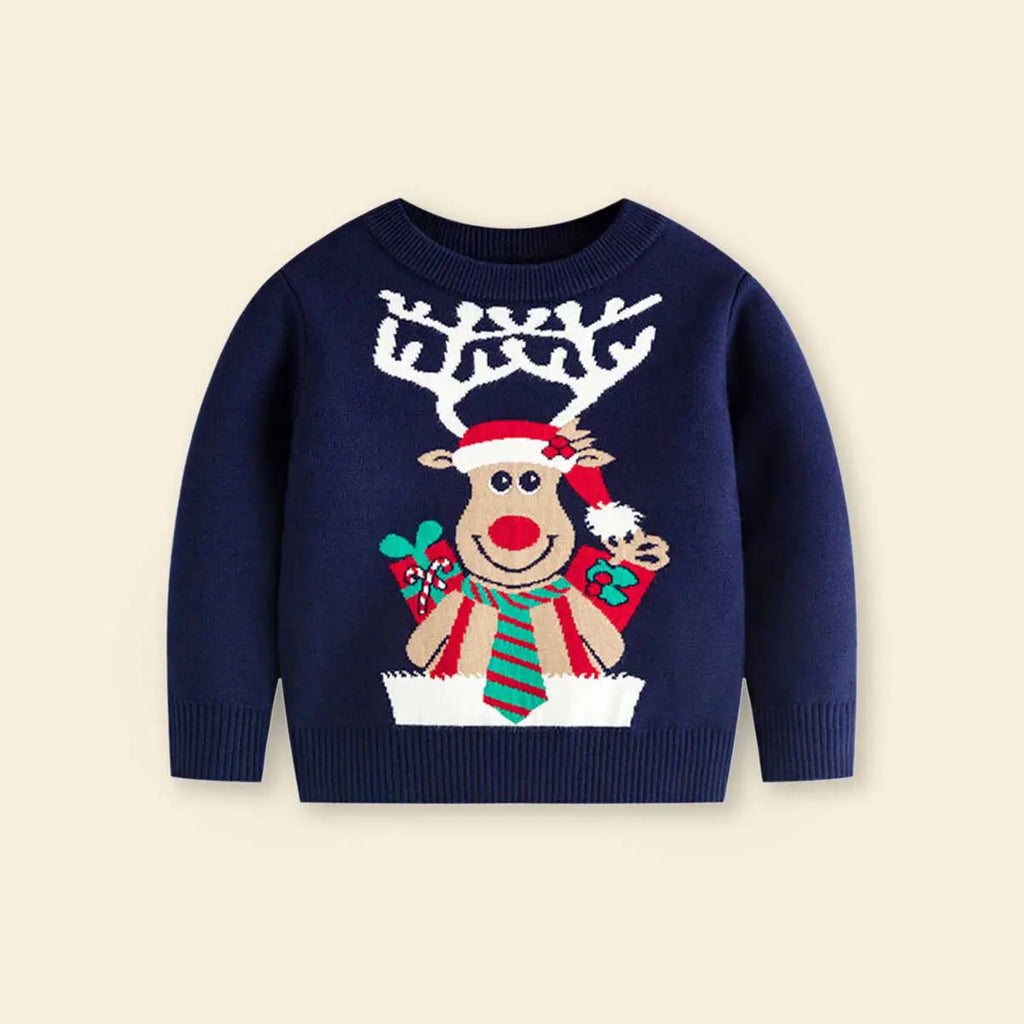 Boys Navy Blue Sweater With Self-Design Christmas Reindeer Pattern Sweaters & Cardigans