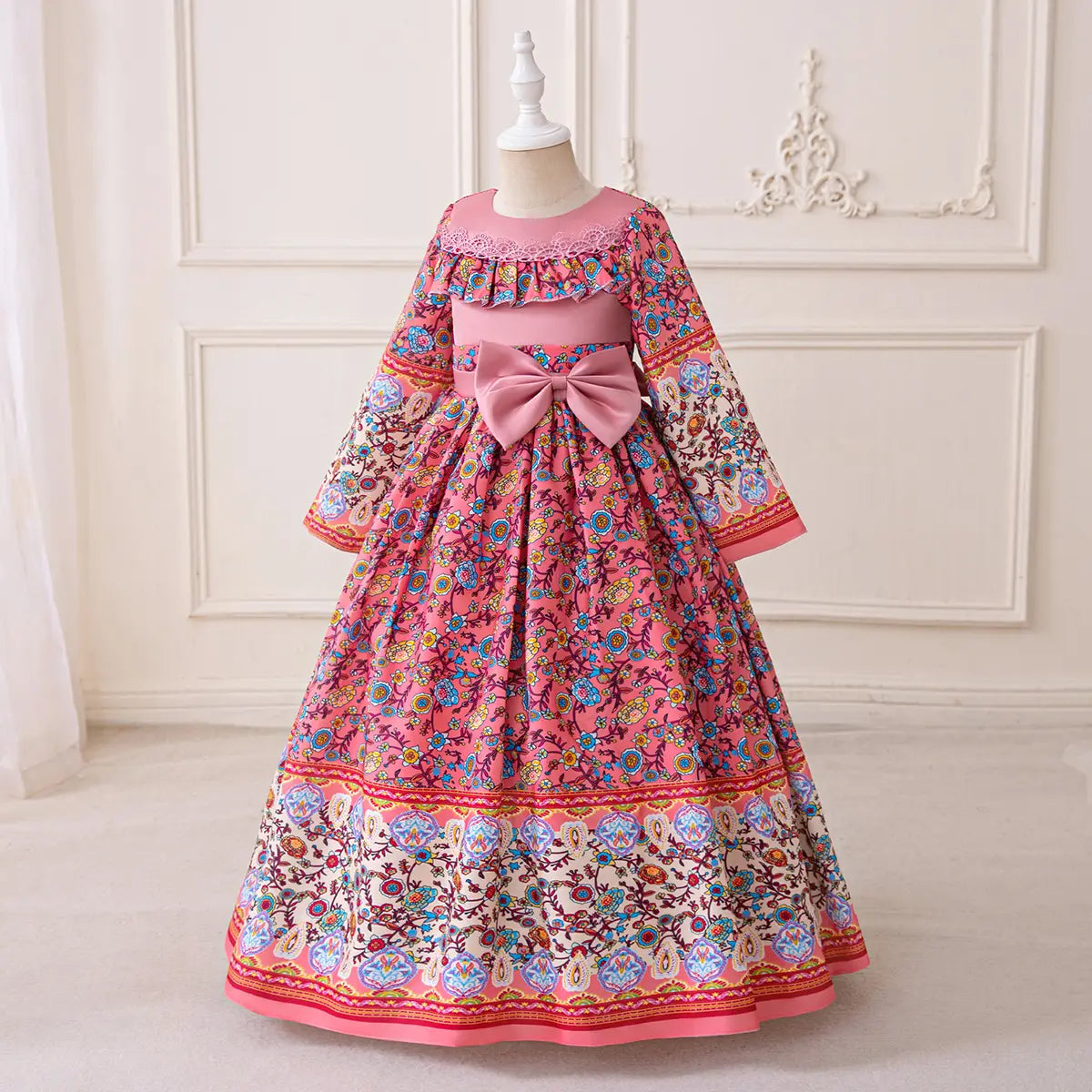 Girls Pink Floral Maxi Dress With Long Sleeves Casual Dresses