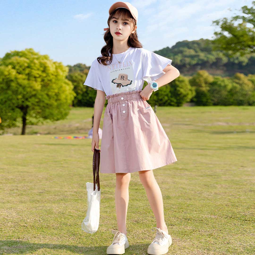 Girls Netflix Print T-Shirt With Denim Skirt Set 2 pc. Sets   