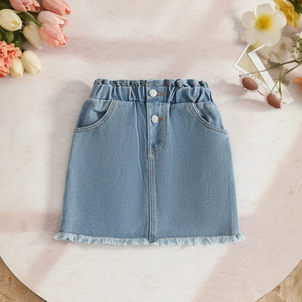Girls Pink 3D Flower Applique Embellished Top With Denim Skirt Sets Sets