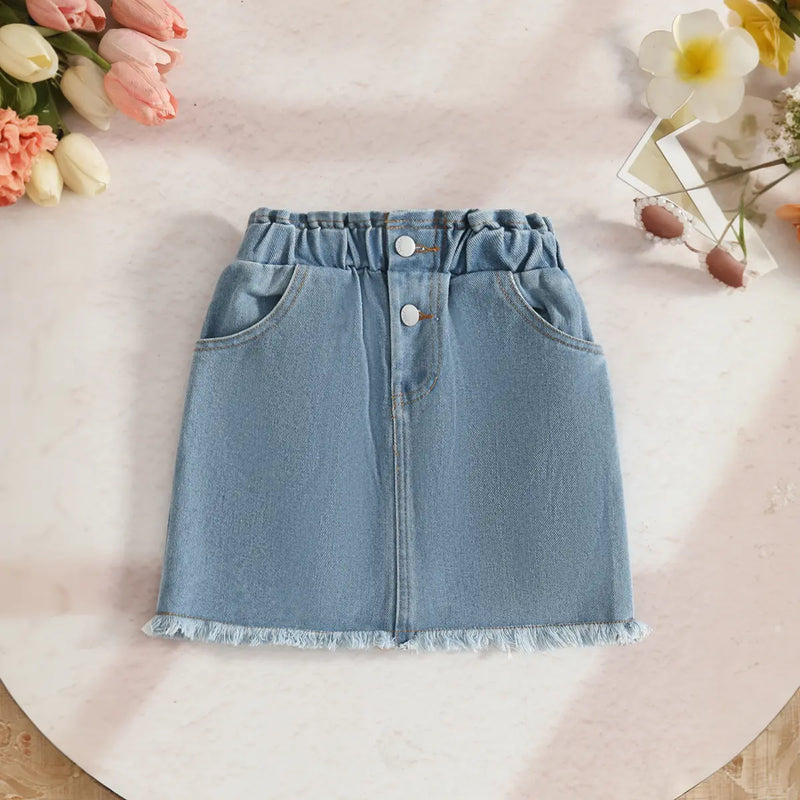Girls Pink 3D Flower Applique Embellished Top With Denim Skirt Sets Sets