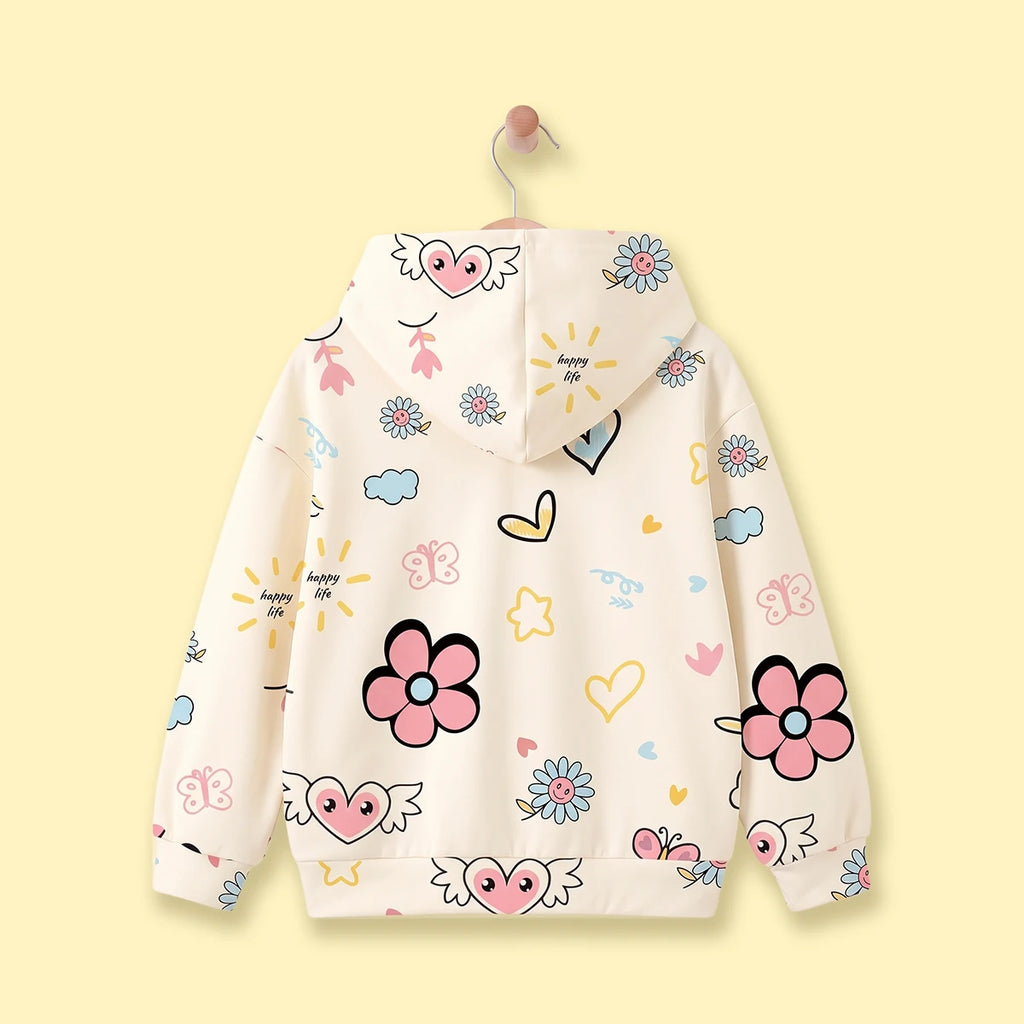 Girls Off White Floral Print Long Sleeve Hoodie Sweatshirts & Hoodies