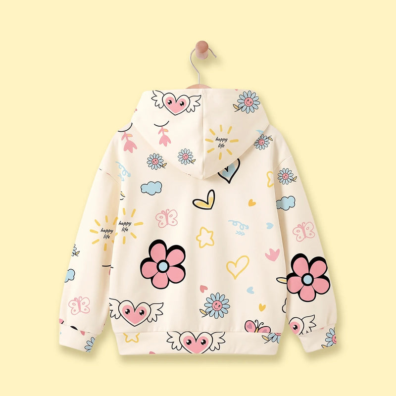 Girls Off White Floral Print Long Sleeve Hoodie Sweatshirts & Hoodies