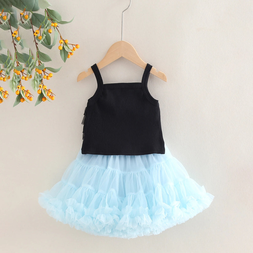 Girls Ruffle Sleeveless Top With Sky Blue Tiered Tulle Skirts Set Sets