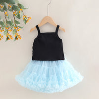 Girls Ruffle Sleeveless Top With Sky Blue Tiered Tulle Skirts Set Sets