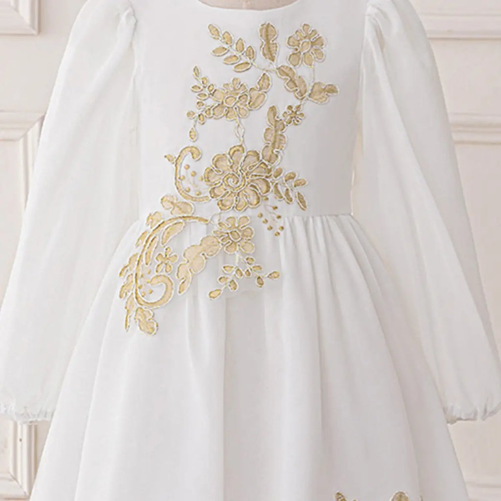 Girls White Long Sleeve Embroidered Maxi Dress Casual Dresses