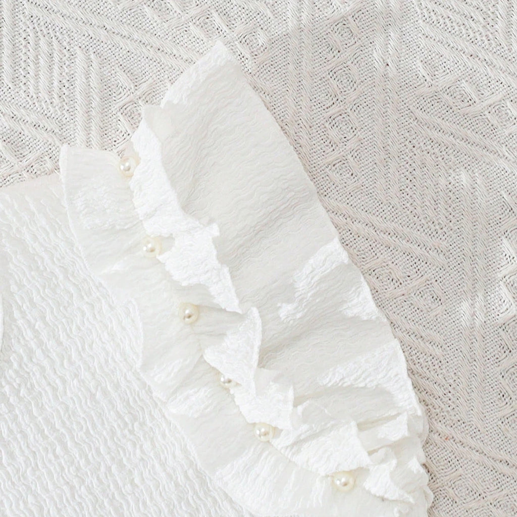 Girls White Textured Flutter Sleeve Top With Pleated Skirt Sets Sets