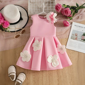 Girls Pink Sleeveless Fit & Flare Party Wear Dress With Delicate Floral Appliques Party Dresses Pink 2-3 Y