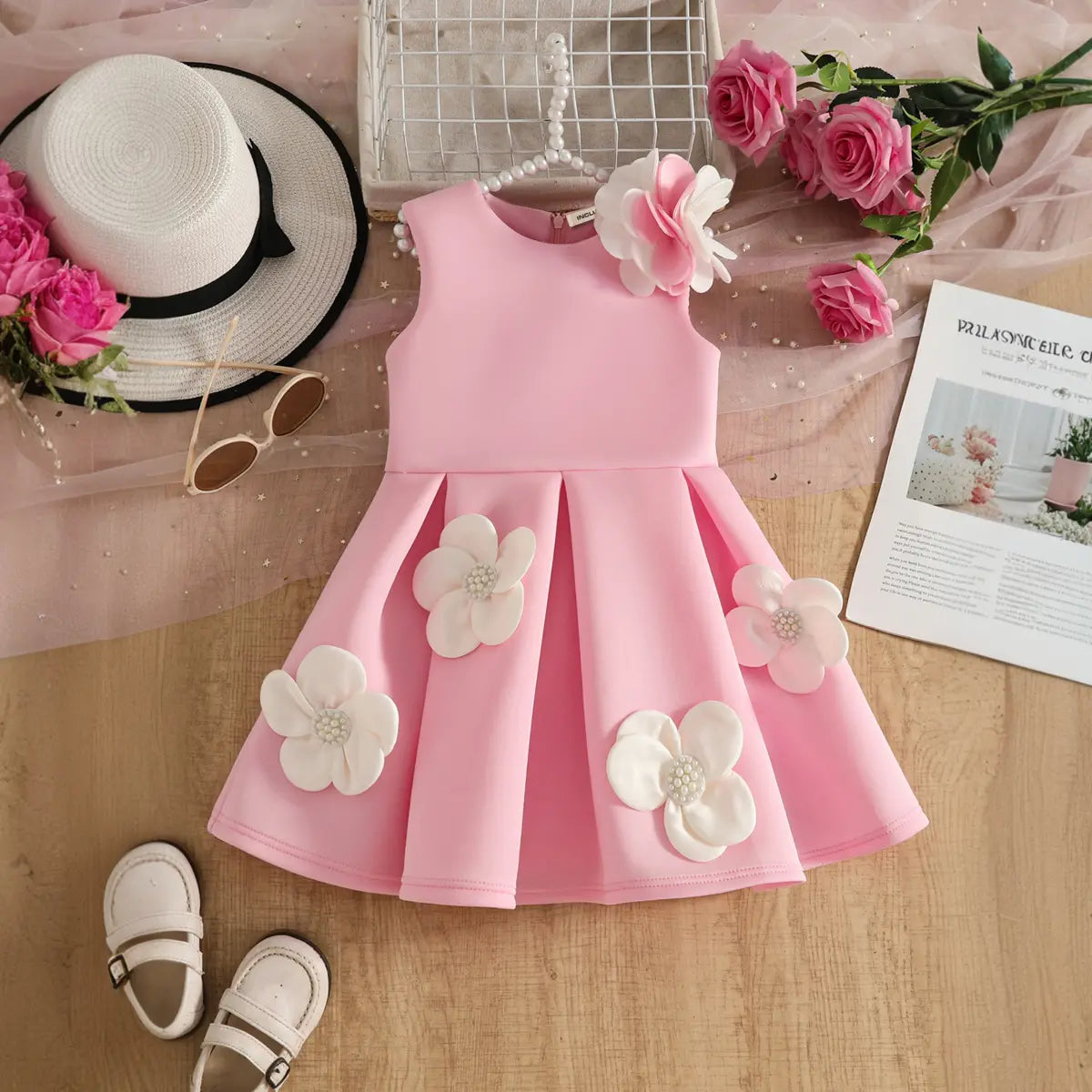 Girls Pink Sleeveless Fit & Flare Party Wear Dress With Delicate Floral Appliques Party Dresses Pink 2-3 Y