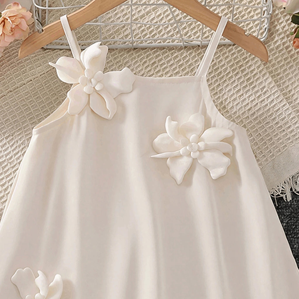 Girls Apricot Sleeveless Floral Applique A-line Dress Casual Dresses