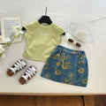 Girls Green Bow Embroidered Top With Floral Print Denim Skirt Sets 2 pc. Sets Green 2-3 Y