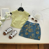 Girls Green Bow Embroidered Top With Floral Print Denim Skirt Sets