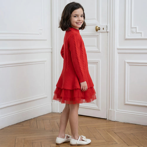 Girls Red Cable Knit Long Sleeve Drop-Waist Dress Casual Dresses