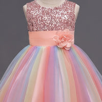 Girls Light Pink Sequin Embellished Fit & Flare Party Wear Dress With Flower Applique Party Dresses