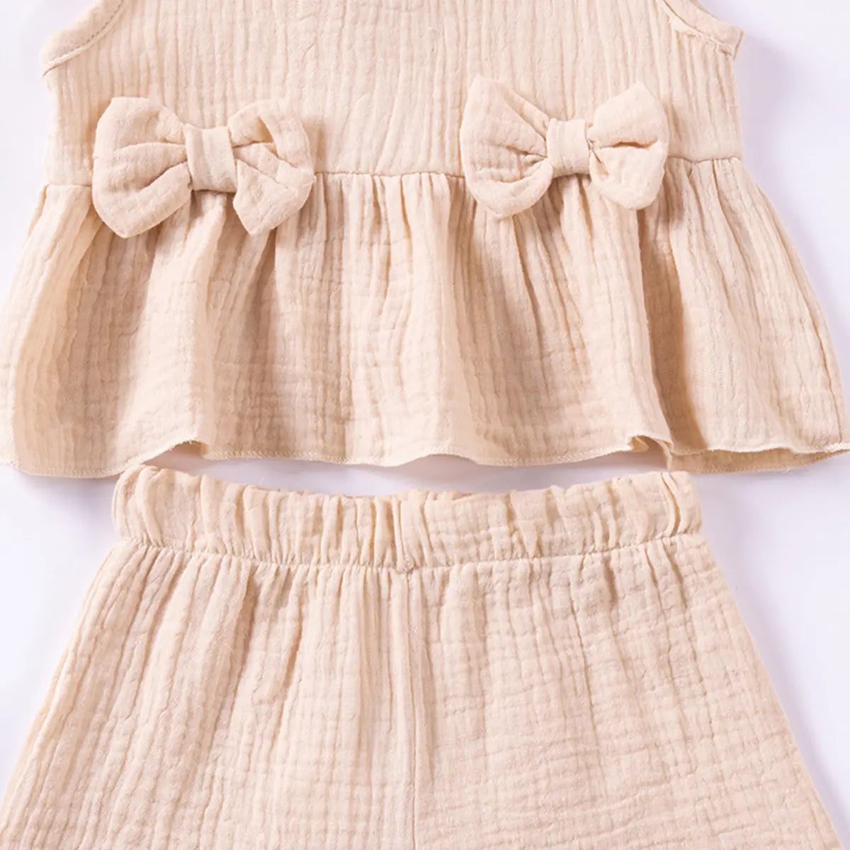 Girls Beige Textured Bow Applique Peplum Top With Shorts Co-ord Sets Sets