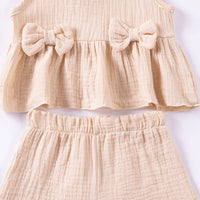 Girls Beige Textured Bow Applique Peplum Top With Shorts Co-ord Sets Sets