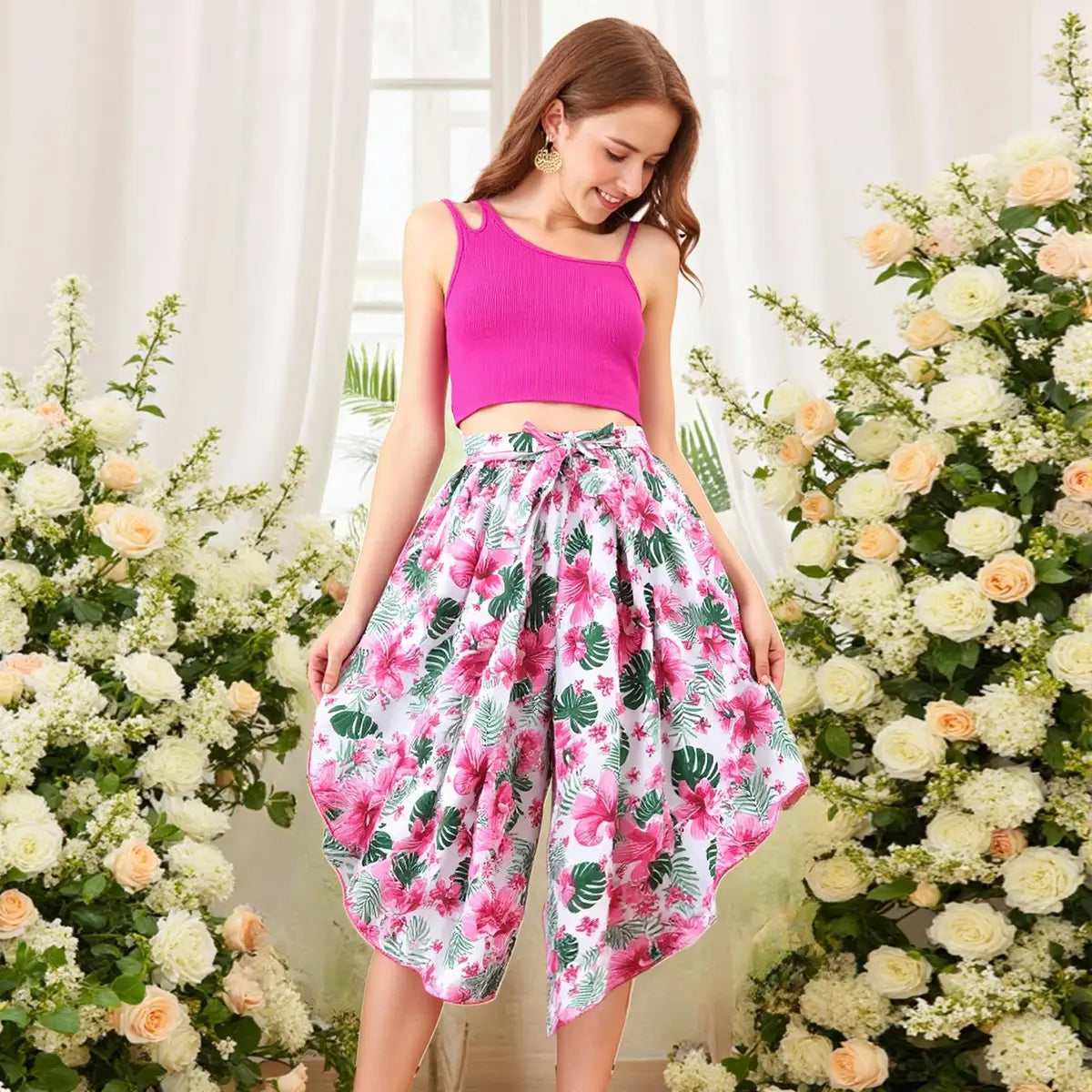 Girls Pink One Shoulder Crop Top With Printed Flared Capri Sets Sets