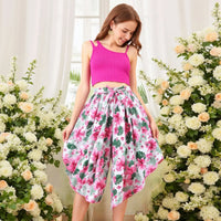 Girls Pink One Shoulder Crop Top With Printed Flared Capri Sets Sets