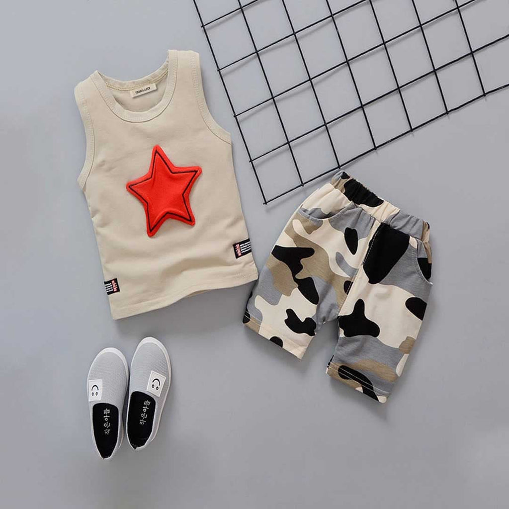 Boys Star Applique Vest With Camouflage Printed Shorts Set