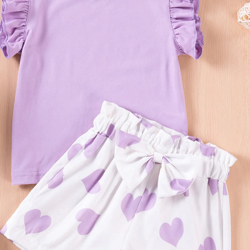 Girls Purple Solid Sleeveless Top With Heart Print Shorts Set Sets