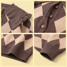 Girls Brown Diamond Jacquard Long Sleeve Cardigan Sweaters & Cardigans