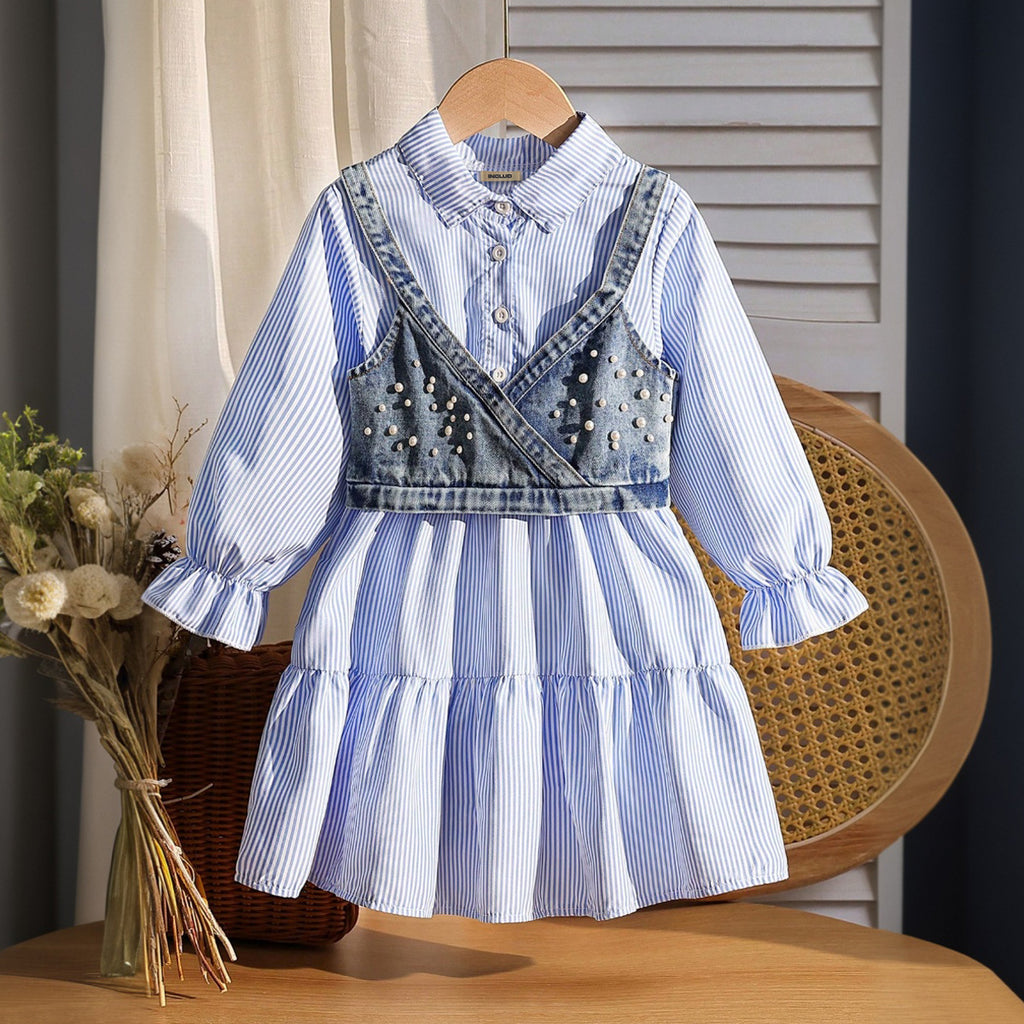 Girls Blue Pinstripe Long Sleeve Shirt Dress With Denim Vest Casual Dresses