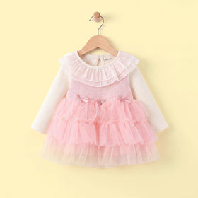 Girls Pink Textured Long Sleeve Tiered Dress Casual Dresses Pink 1-2 Y