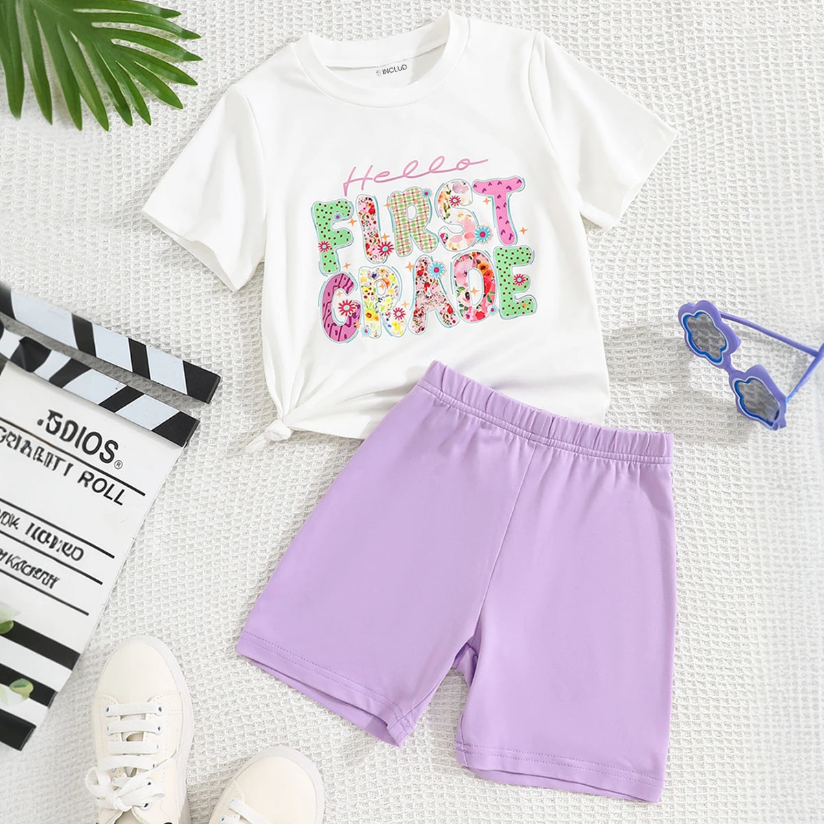 Girls White Typographic Print Short Sleeves T-Shirt With Shorts Set Sets White 3-4 Y
