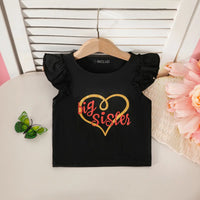 Girls Black Graphics Top With Embroidered Denim Shorts Set Sets