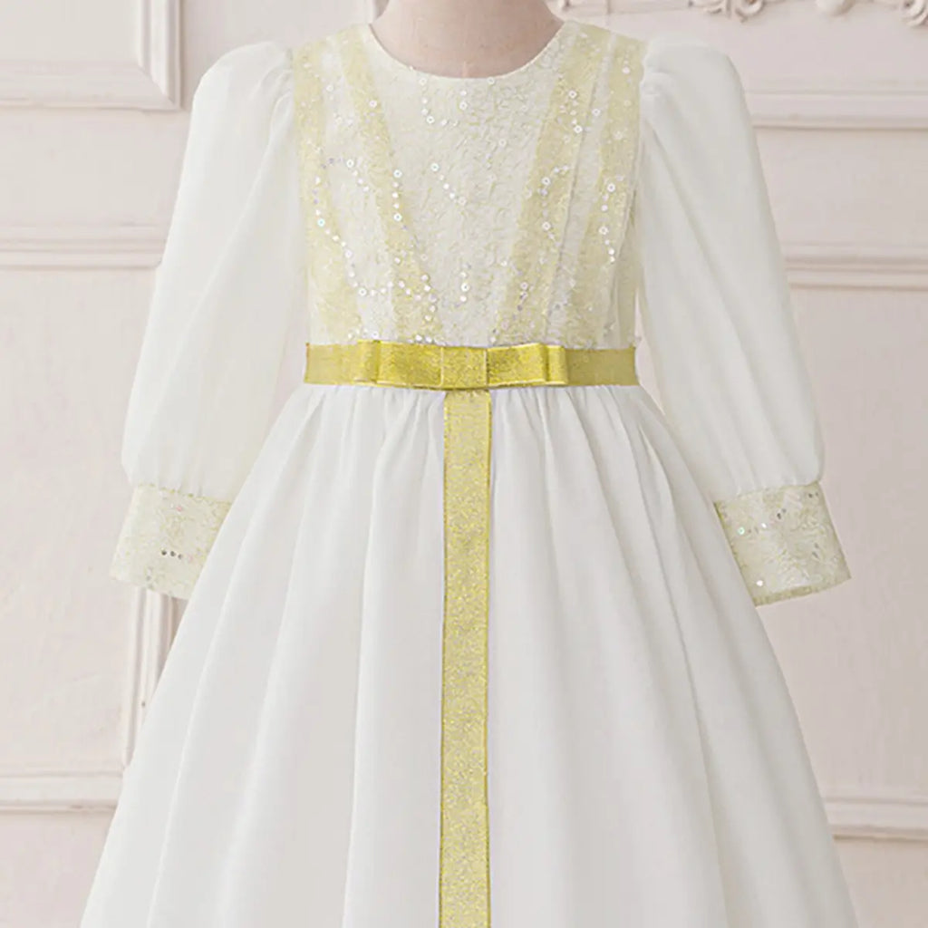 Girls White Embellished Maxi Dress With Puff Sleeves Casual Dresses